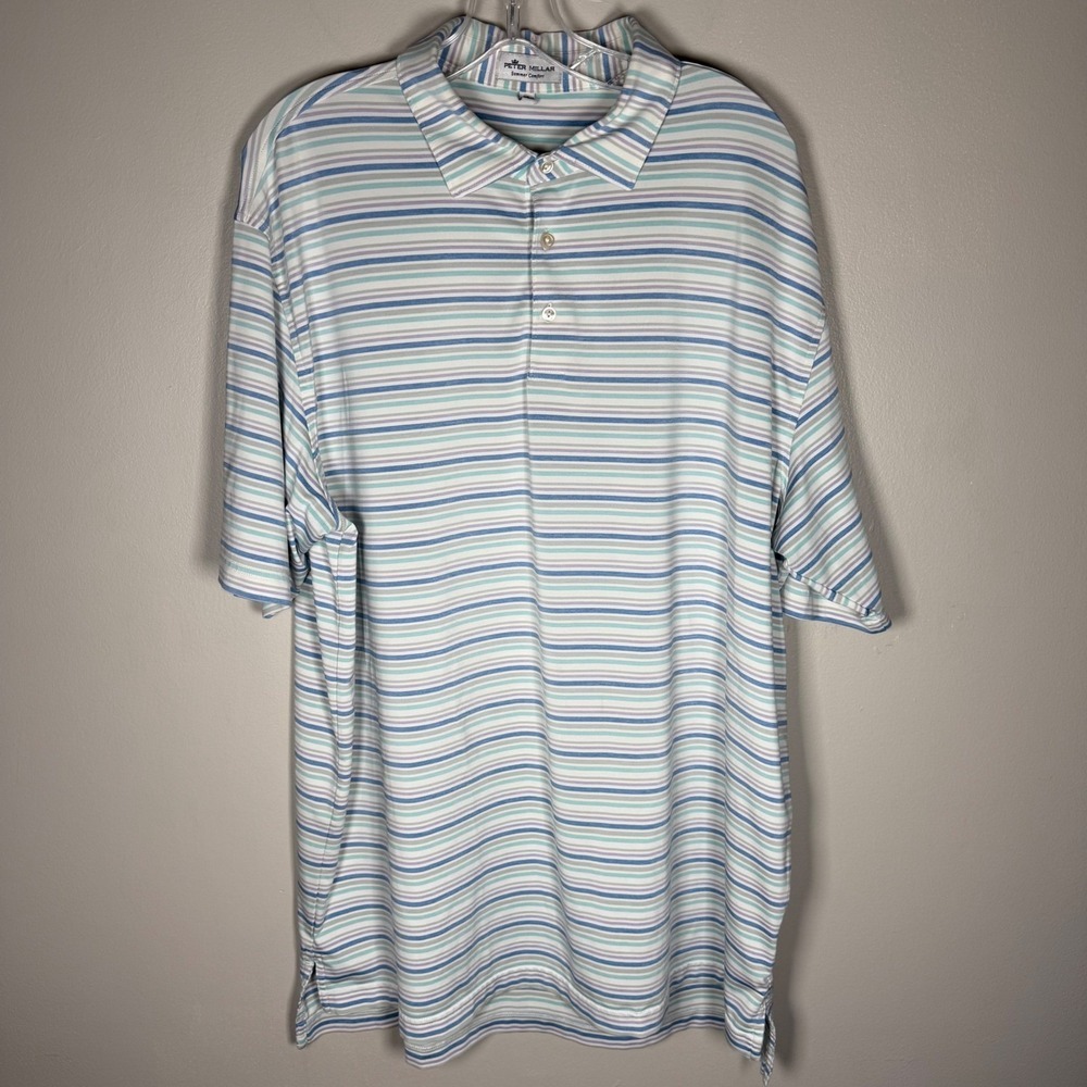 Peter Millar Summer Comfort Striped Polo Shirt‎ Mens XL Blue Purple Performance